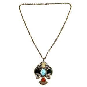 Vintage Miracle Celtic Agate Inlay Gold Tone Cross Pendant 23” Necklace